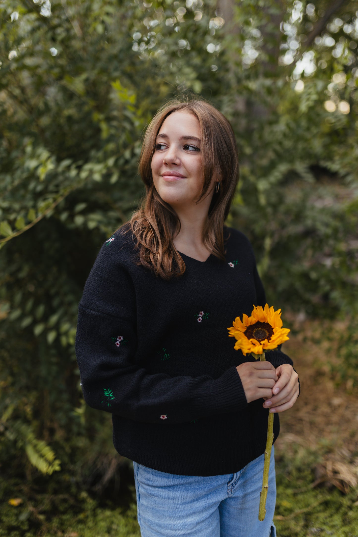 V-Neck Sweater with Embroidered Flowers