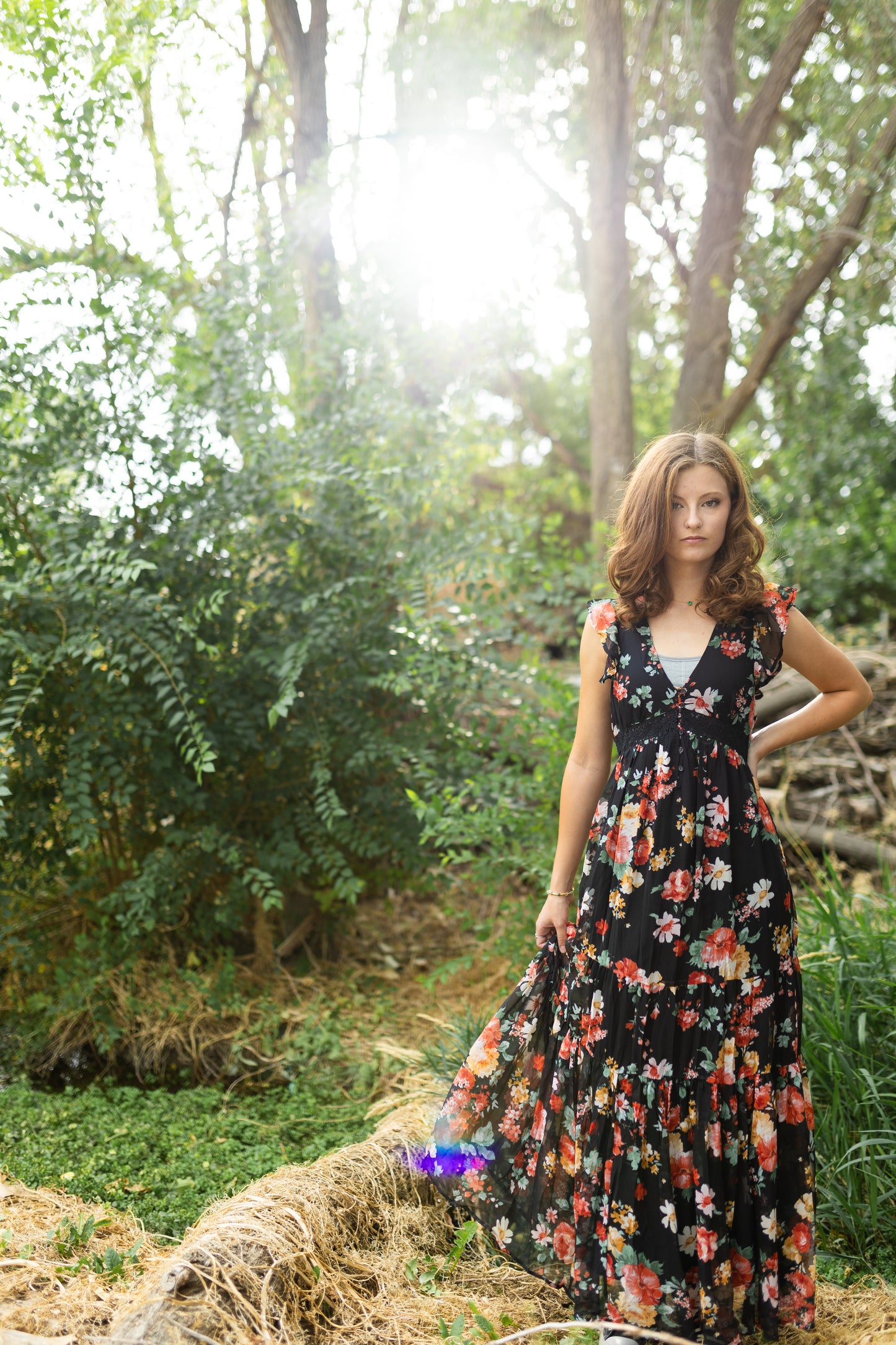 Black Floral Cap Sleeve Dress