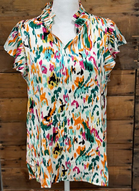 Abstract Print Ruffle Sleeve Blouse