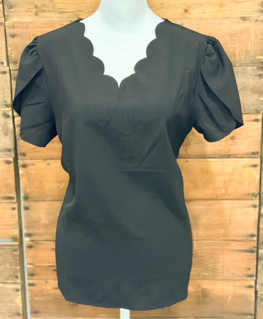 Scallop Neck Petal Sleeve Blouse