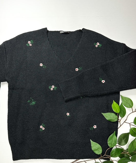 V-Neck Sweater with Embroidered Flowers